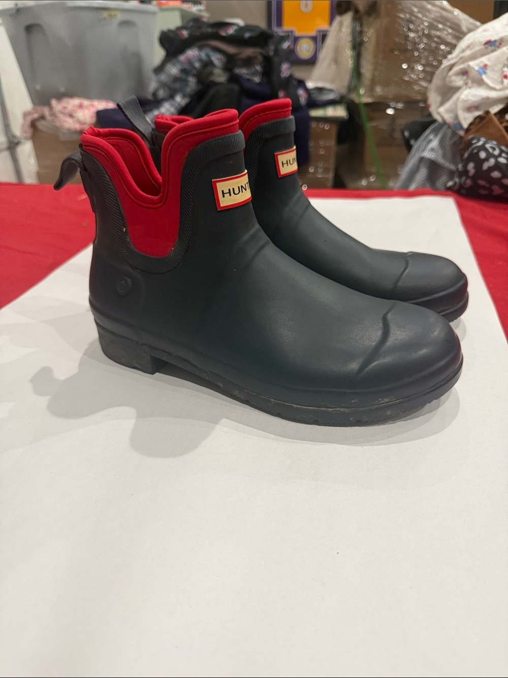 Hunter navy Waterproof Ankle Rain Boots with Red Collar